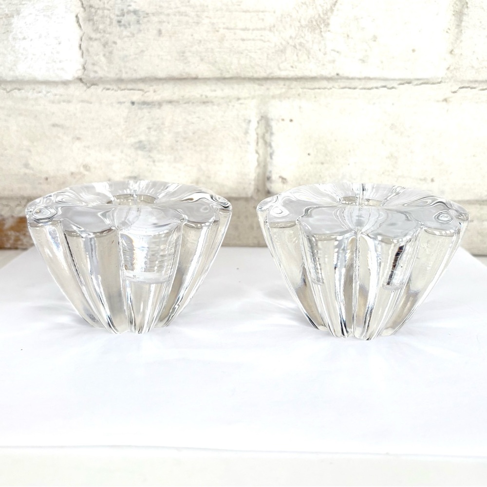 Orrefors 2 Art Glass Crystal Candle Stick Holders Sweden